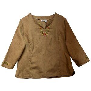 St. John's Bay Women's Suede Embroidered Floral Blouse Long Sleeve Size XL Brown